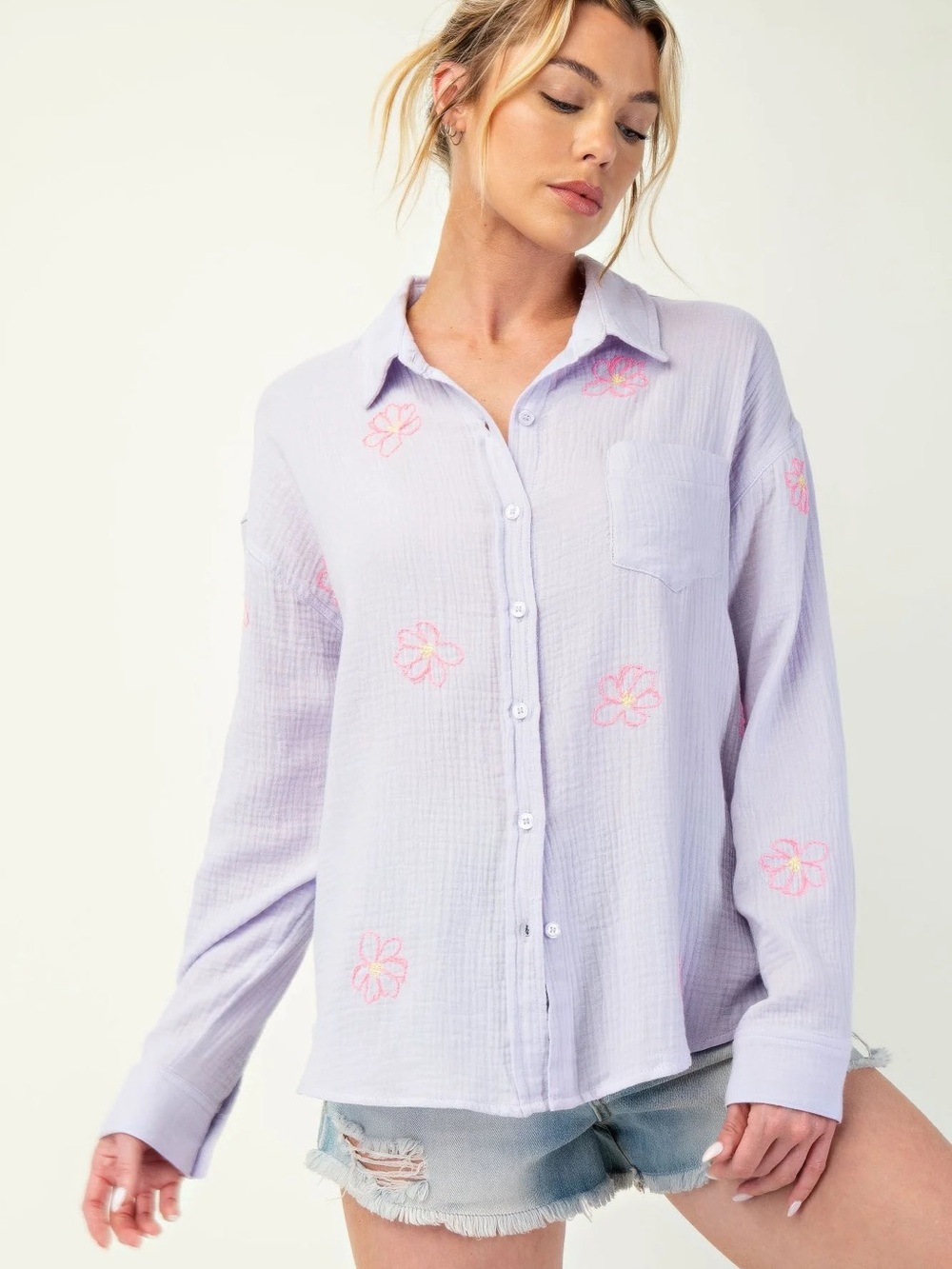 easel | Lavender Gauze Button-Down Shirt with Pink Floral Embroidery